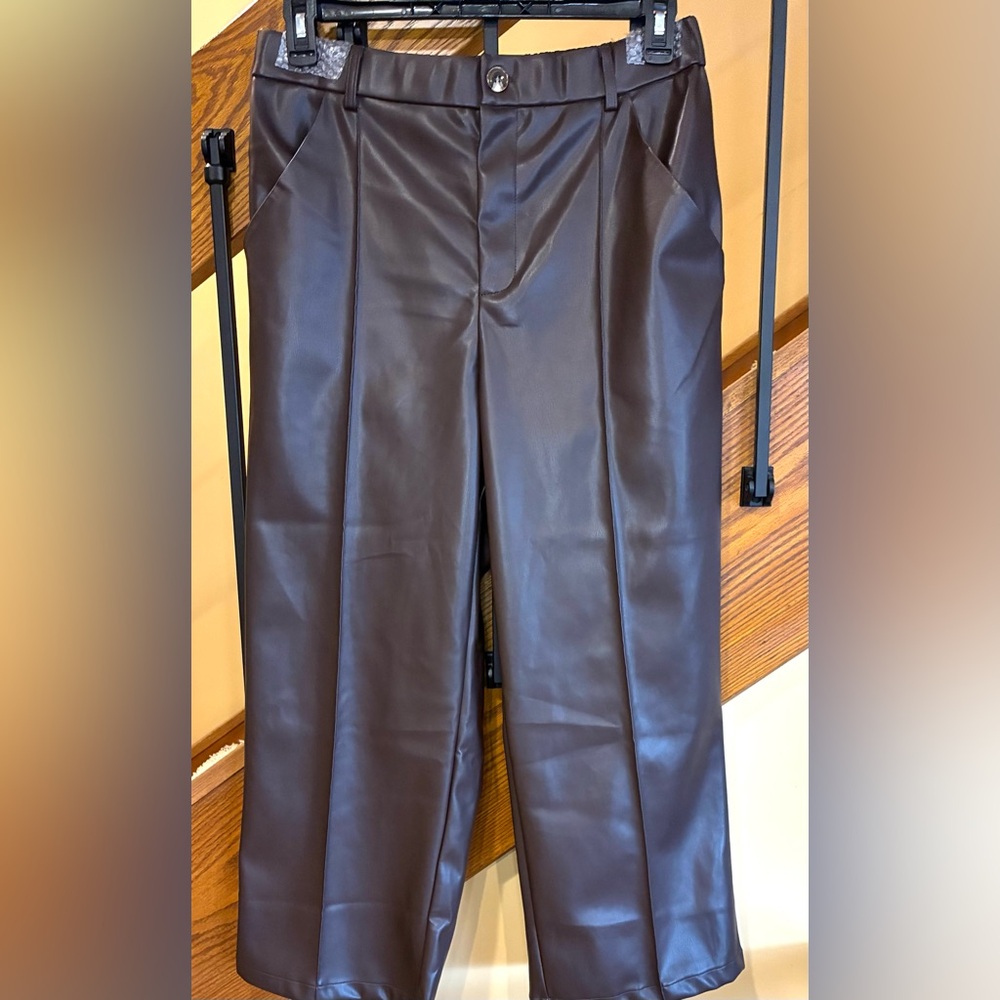 CUPSHE  Faux Leather High Waist Wide Leg Cropped Pants Choc Brown SZ. XL NWT